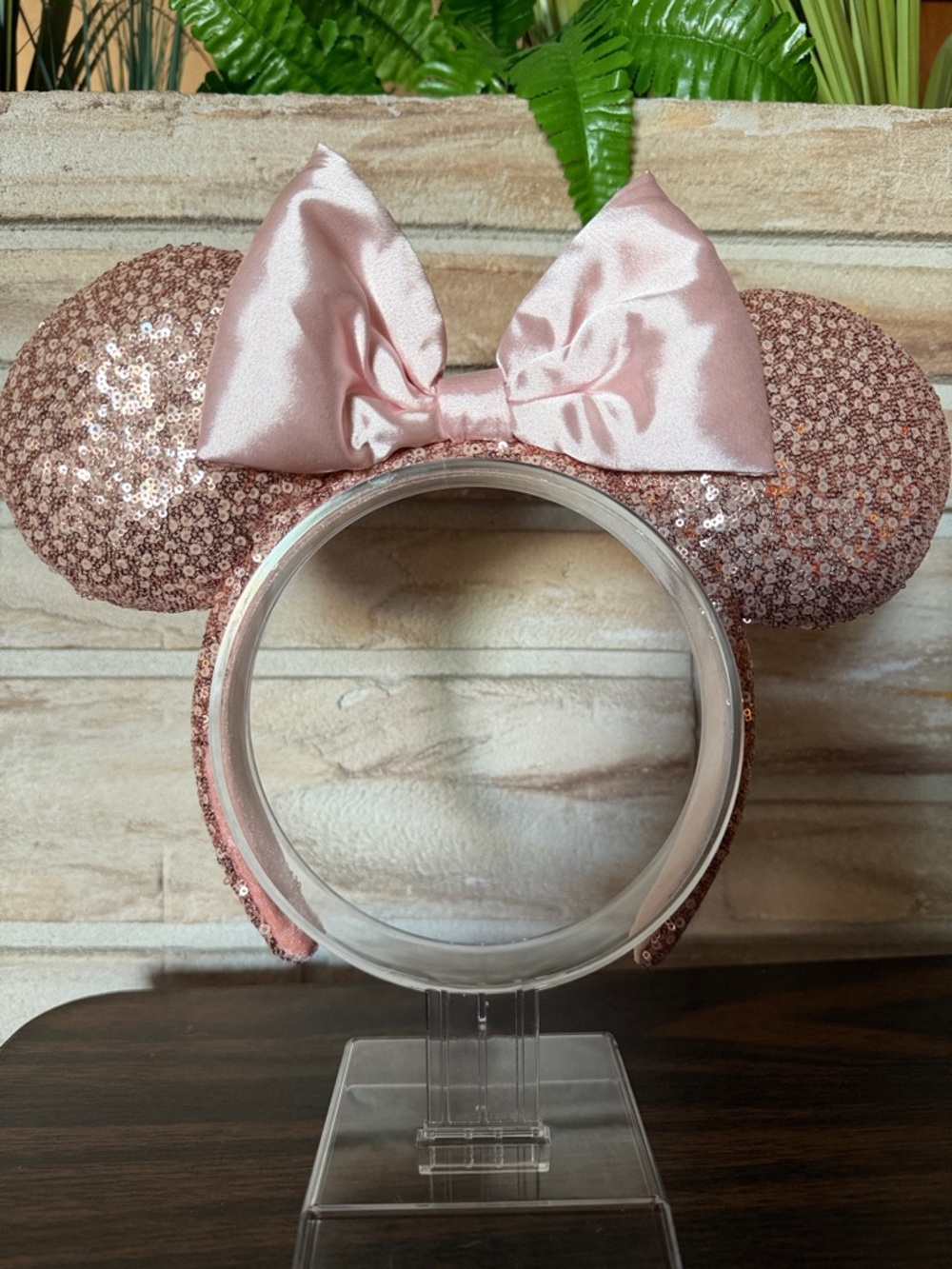 Sequin Mouse Ear Headband with Satin Bow - Rose Pink